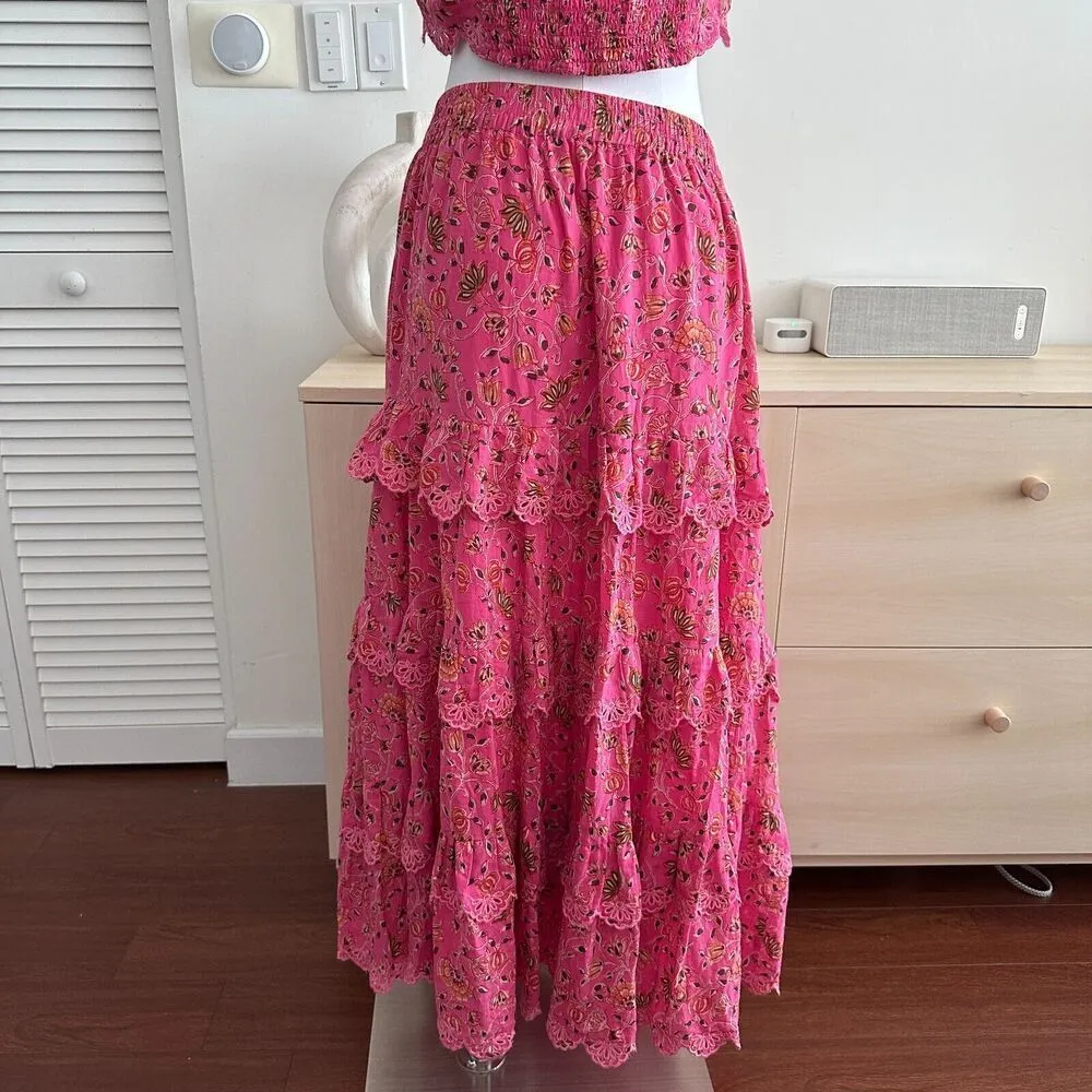 Caroline Constas Skirt Womens Large Floral Lace Tiered Crop Top Matching Co Ord Pink - Image 9
