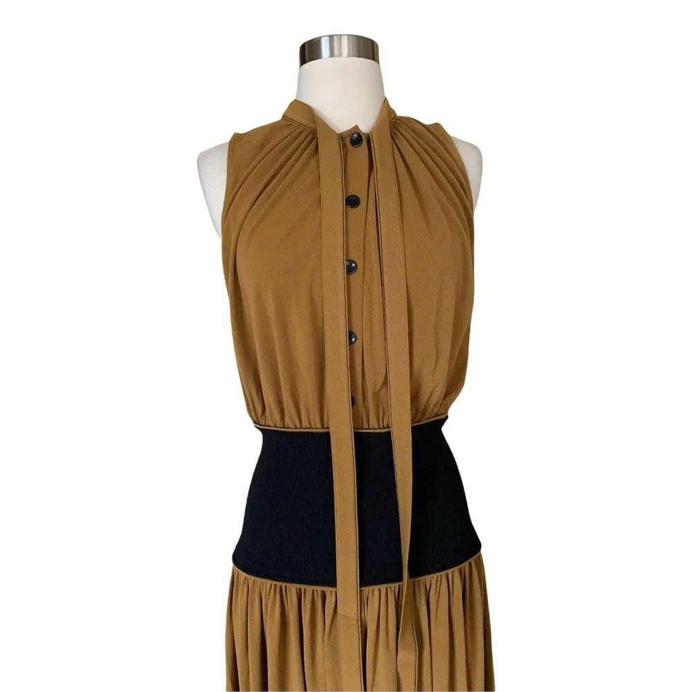 PROENZA SCHOULER Button Down Dress Knit Waistband Belt Brown Black Tie 4 NWT - Image 10