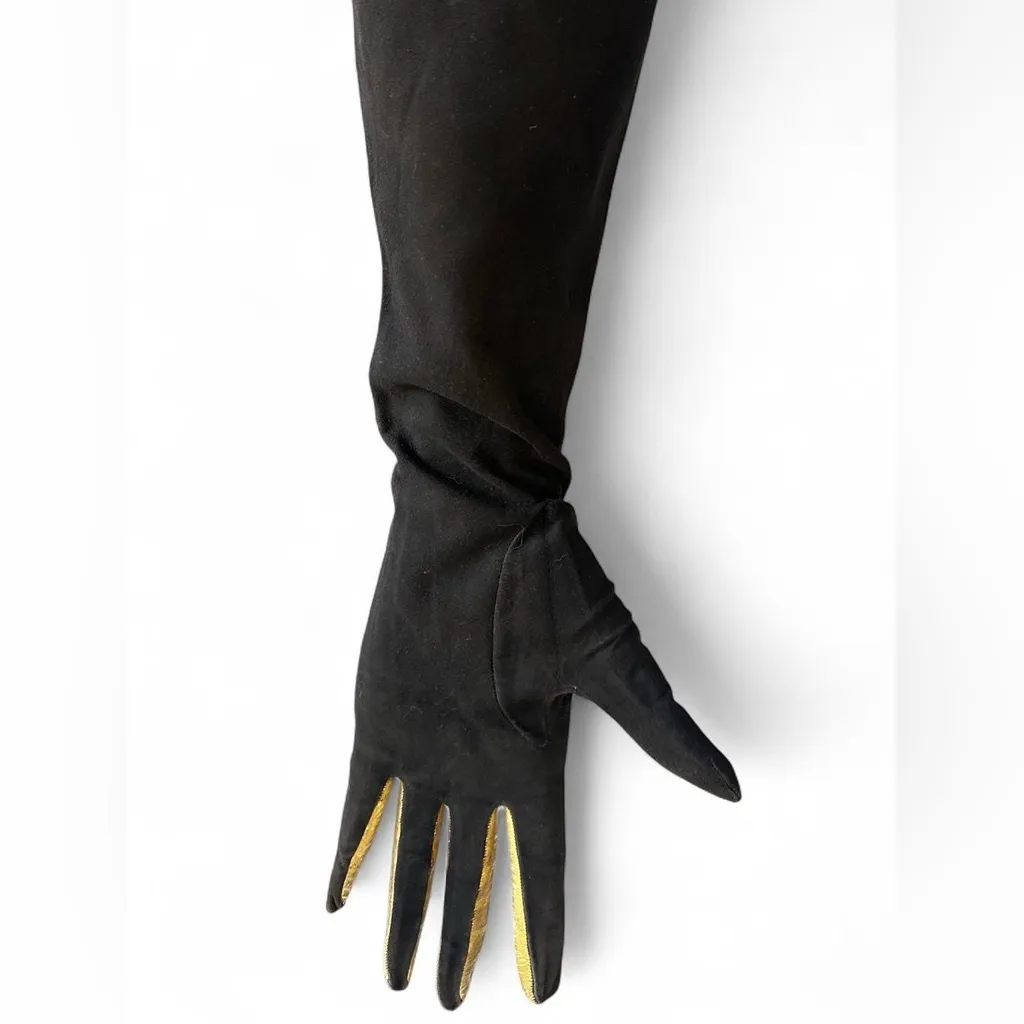FREDDY PARIS VINTAGE LONG GLOVES BROWN SUEDE W GOLD LEATHER FINGER ACCENTS RARE - Image 2