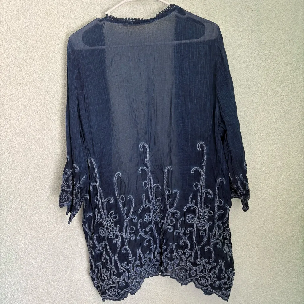 SOFT SURROUNDINGS Blue Embroidered Gauze Topper Kimono 1X - Image 3