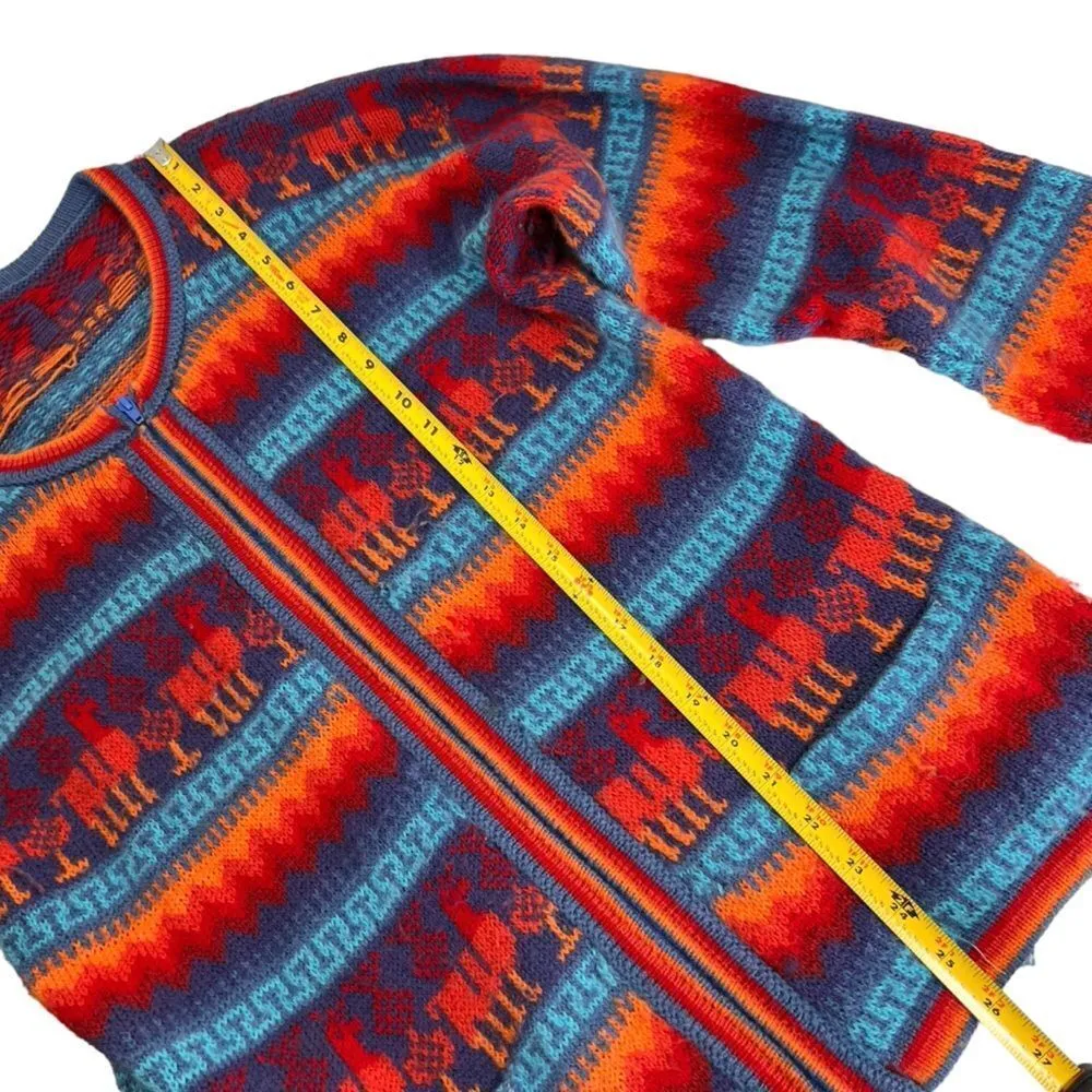 Alpaca zip up cardigan sweater from Peru with colorful striped Alpaca design Red Size L - Image 7