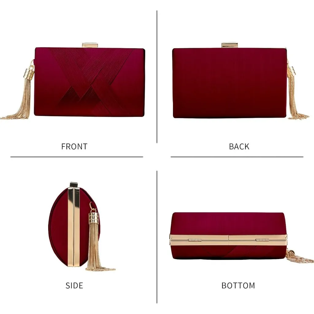 ⚡ Women's Dark Red Elegant Tassel Chain Strap Evening Shoulder Clutch Bag - Image 6
