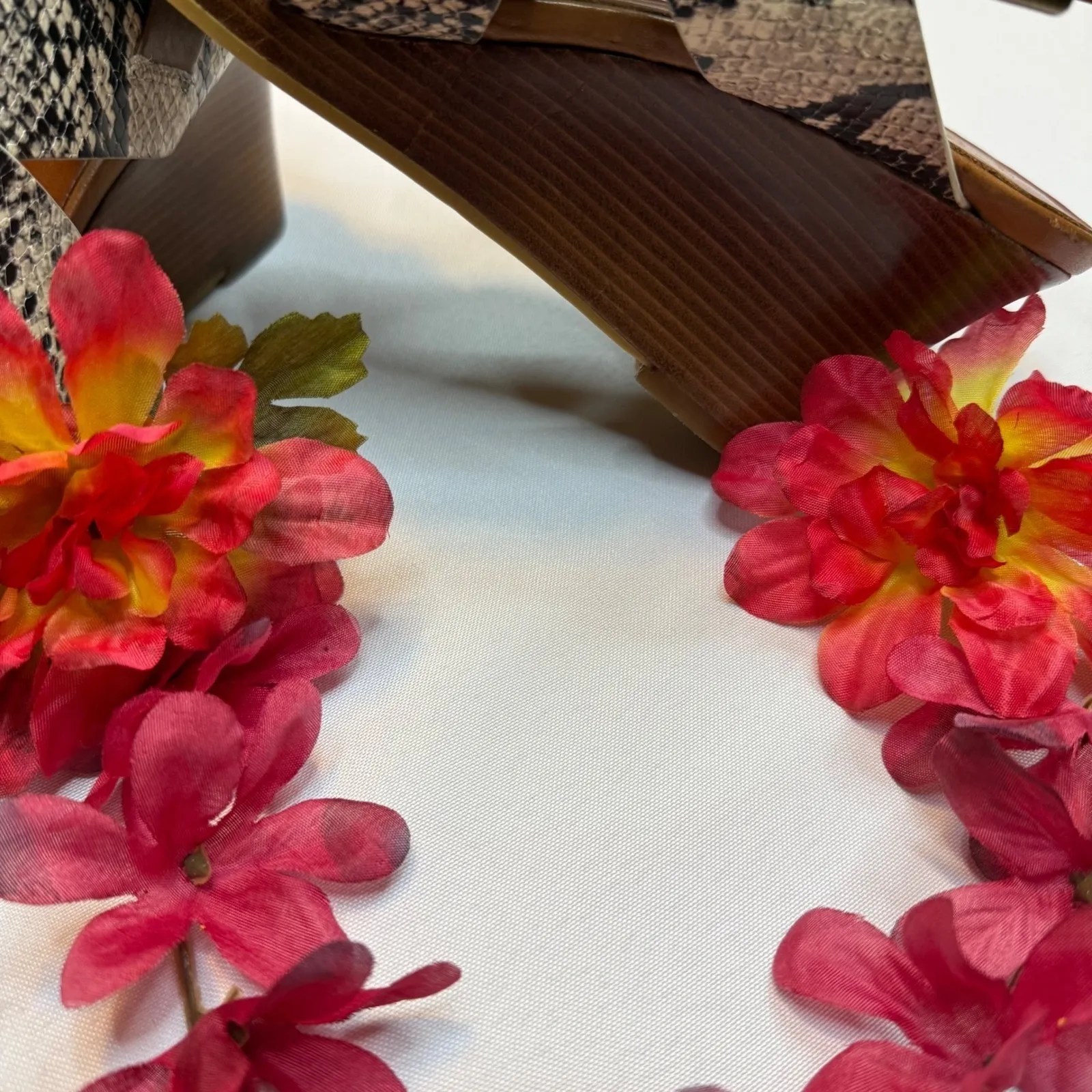 Cole Haan Penelope Sandals New Snake Print Leather Wedge‎ Tan Brown Shoes Size 9 - Image 9