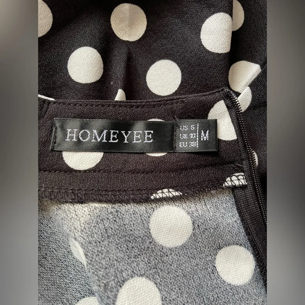 Elegant Black and White Polka Dot Long Sleeve Dress Size M - Image 6