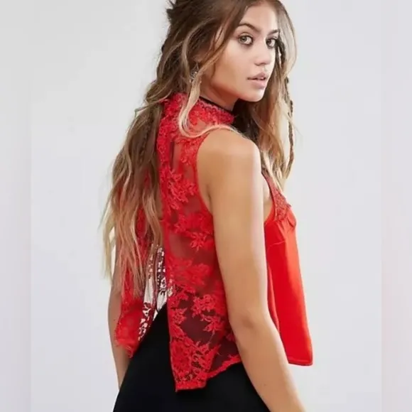 NWT Free People Red Lace Back Tied To You Hi-Neck Sleeveless Top - Image 2