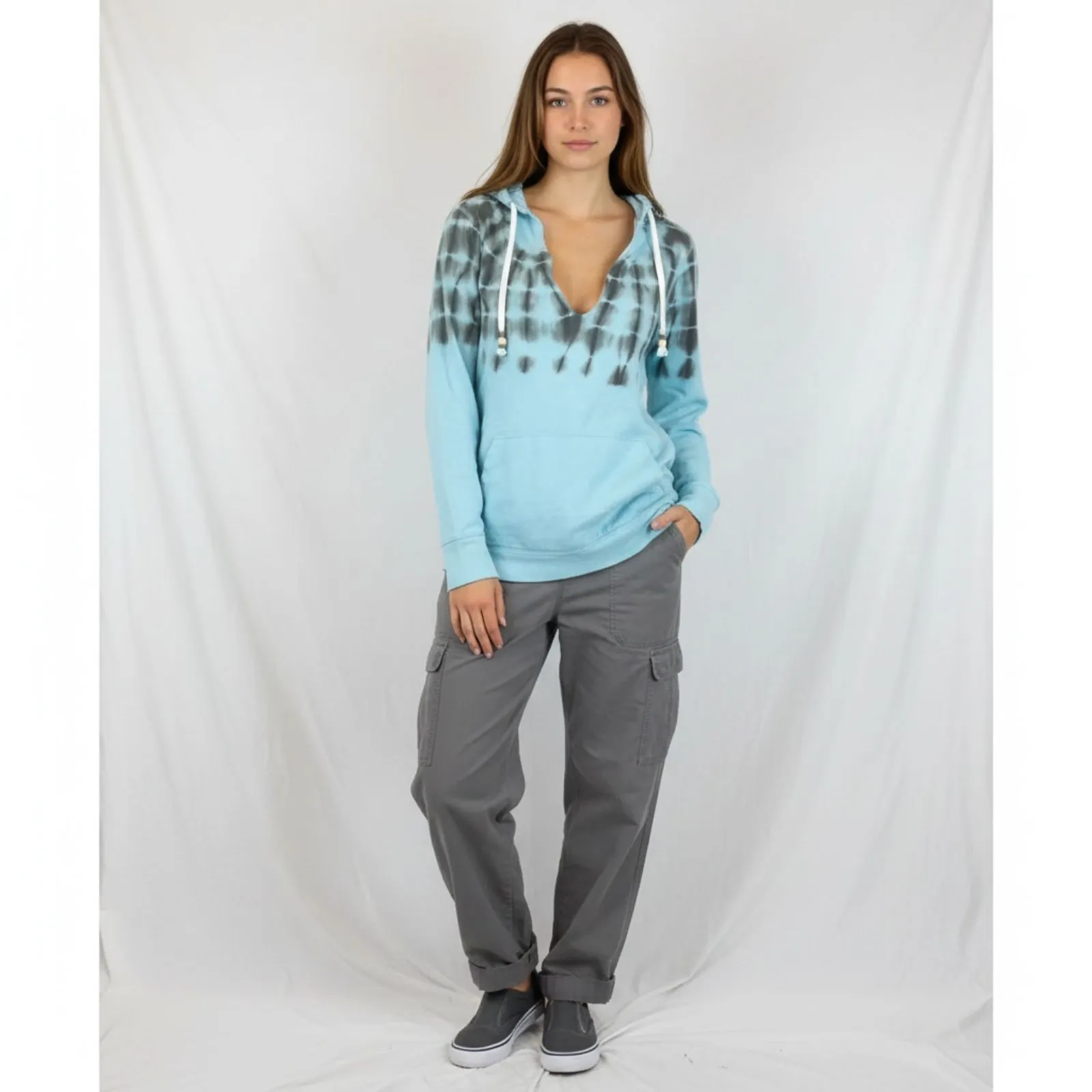 Hurley Blue & Gray Tie Dye Print Long Sleeve Hoodie Sweatshirt L - Image 6