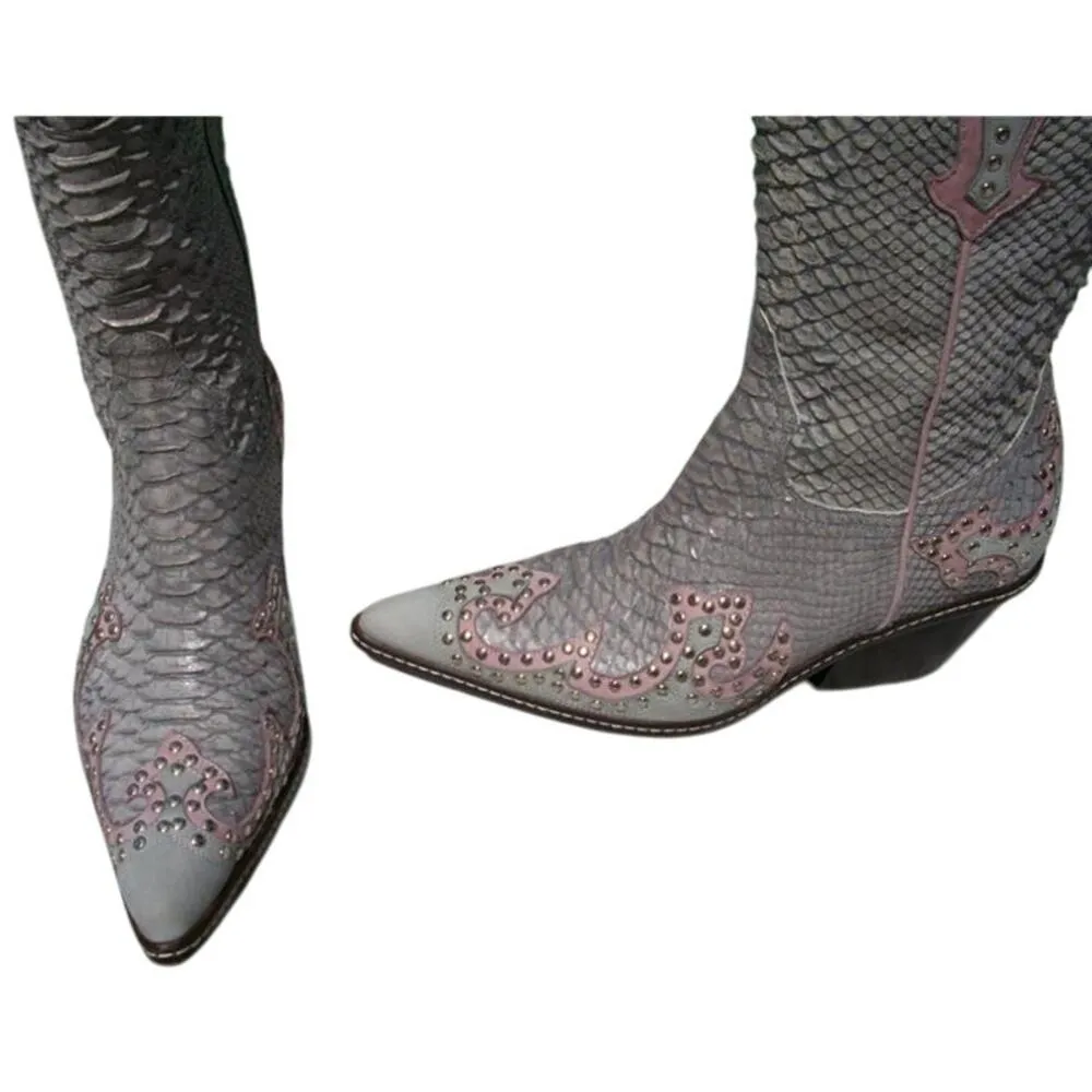 Donald Pliner Western Couture Boot Shoe New Studs Mushroom & Ice Color NWT $950 Gray Size 6.5 - Image 4