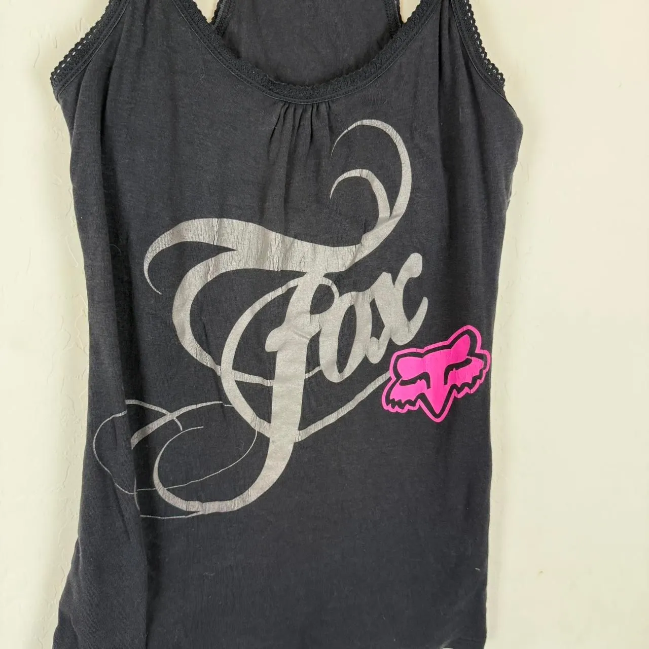Vintage Y2K Fox Racing black tank top with grey and pink graphics AOP Size XL - Image 2