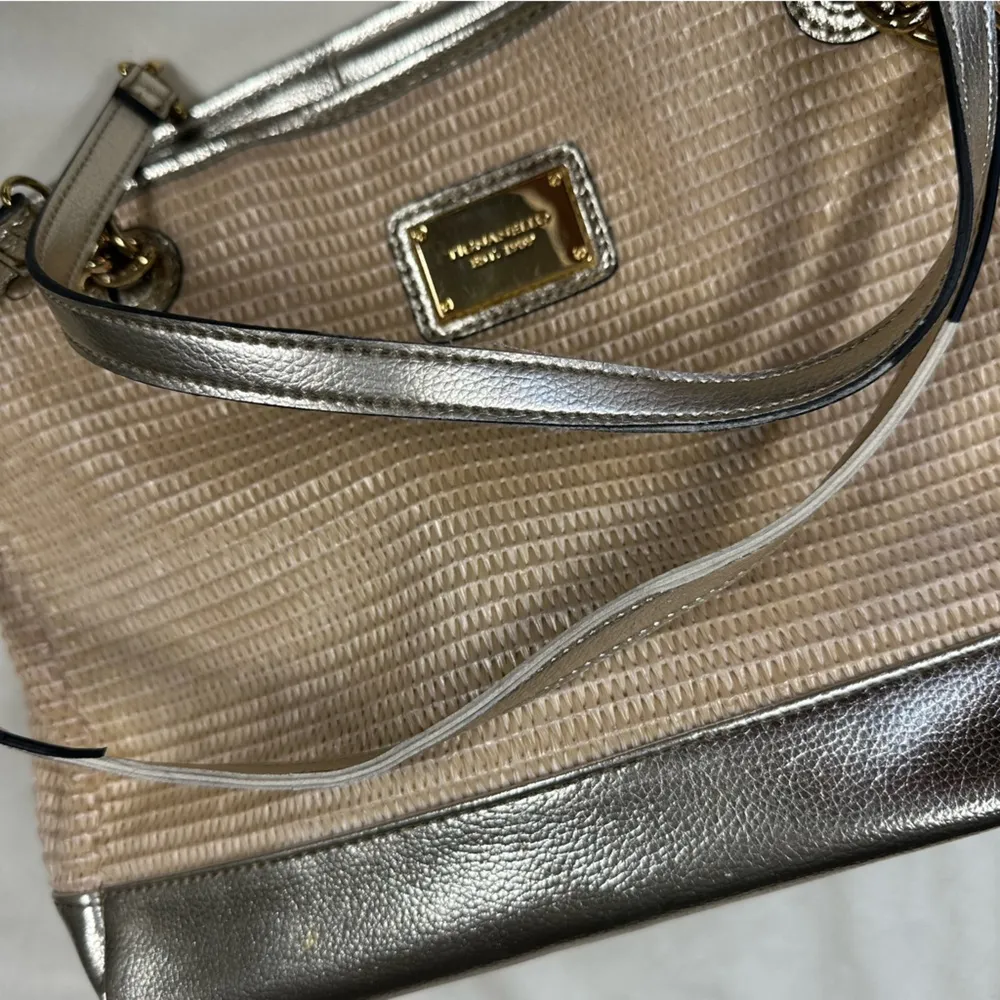 Tignanello Rattan Woven Faux Leather Gold Metallic Trim Shoulder Bag Purse - Image 13