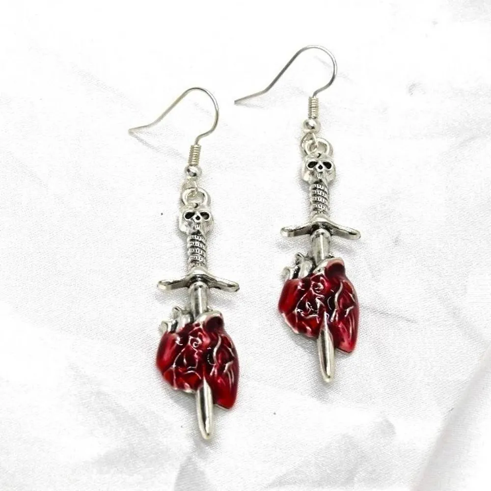 Sword Pierced Heart Earrings Silver - Image 3