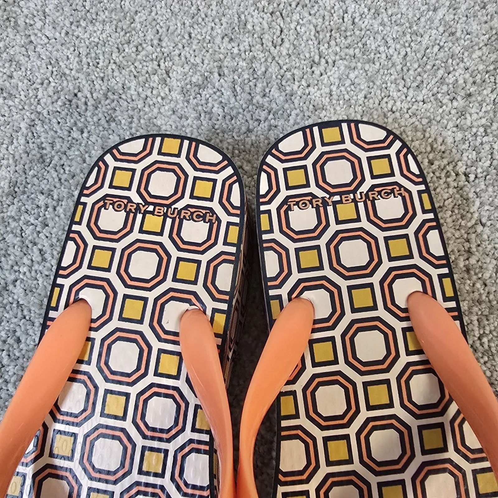 Tory Burch Cutout Curved Wedge Flip Flops Fresh Melon Ballet Pink Octagon Used‎ - Image 7