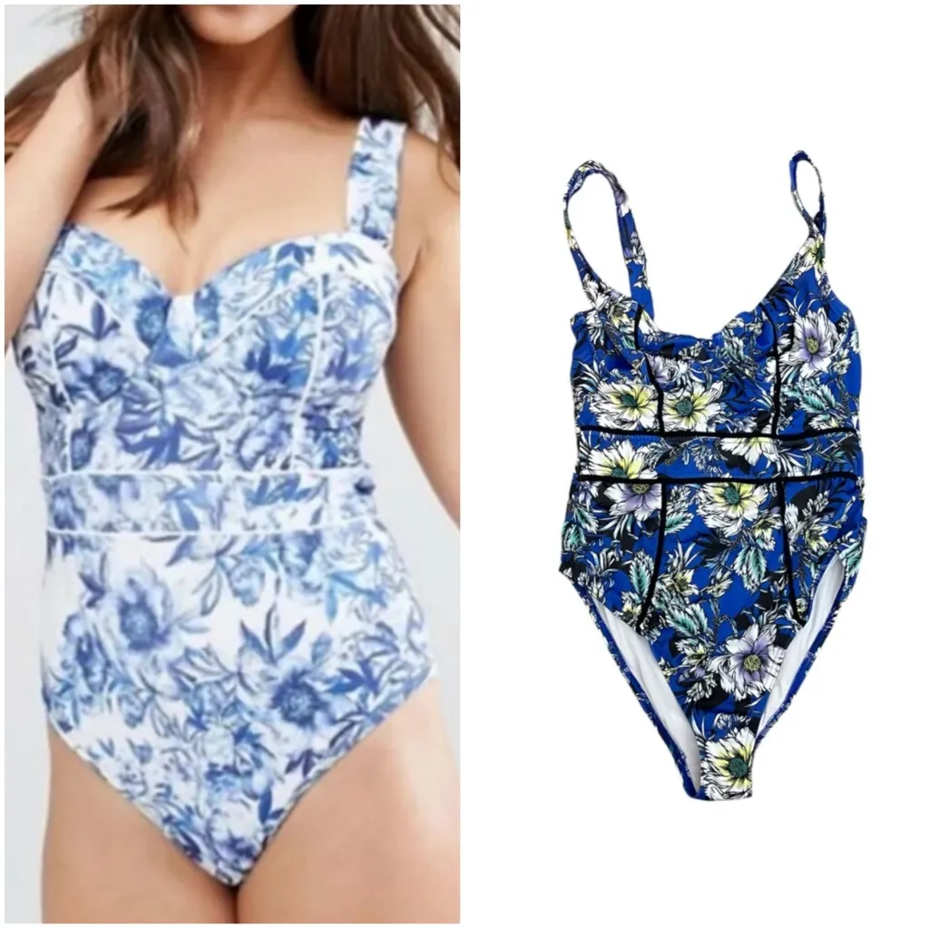 Asos Swim Blue White Purple Green Bustier One Piece Floral Tropical Swimsuit - Image 2