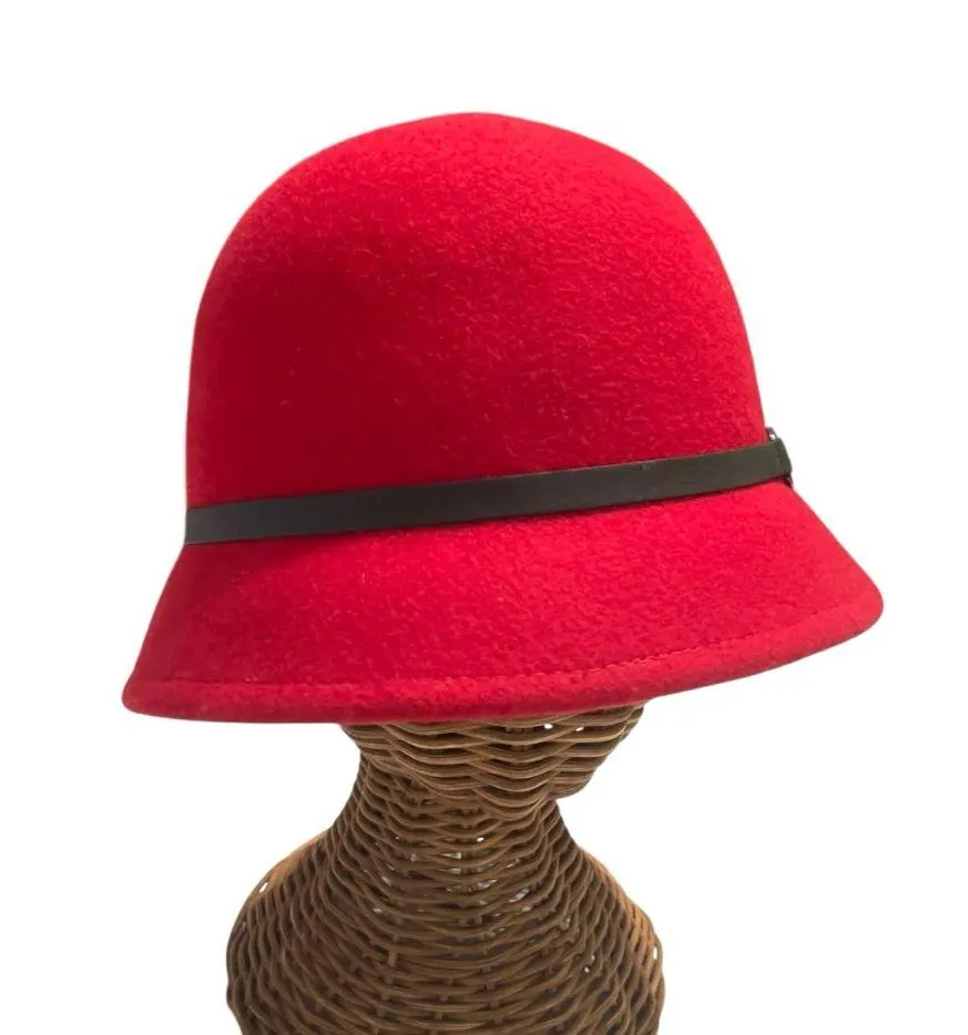 Red Wool Cloche Hat Black Faux Leather Band & Silver Bit Accent Bucket Hat - Image 3