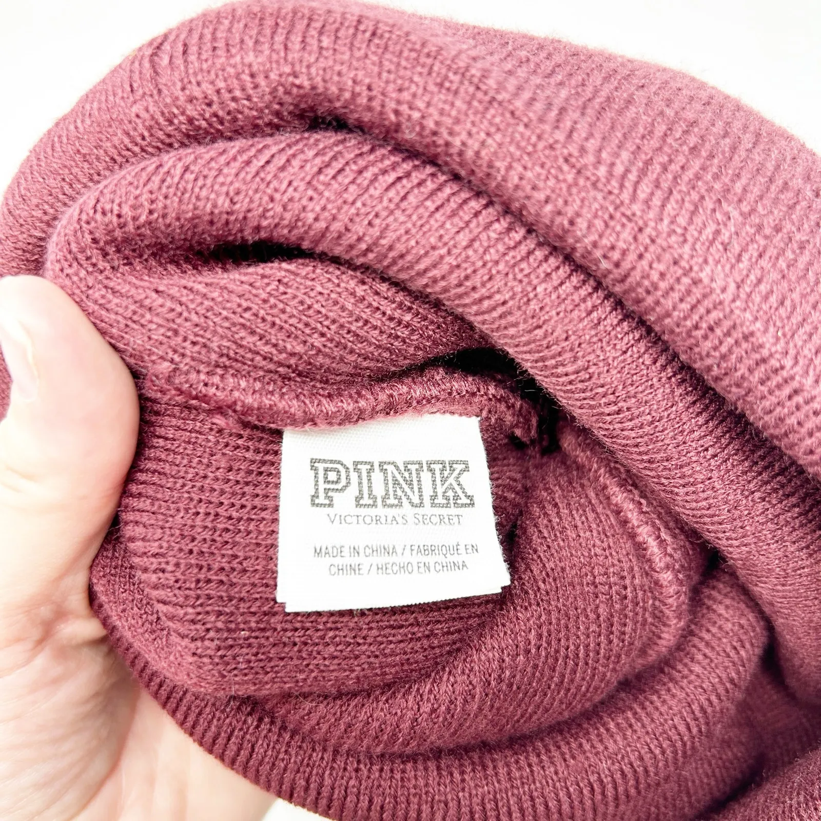 Victoria's Secret Womens PINK Pom‎ Pom Knitted Beanie Winter Cap Hat Burgundy - Image 4