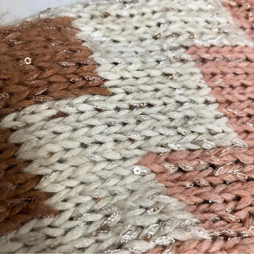 Oversized Knit Sweater Cowl Neck Sequins Dusty Rose Pink Aztec Print XS - Image 8