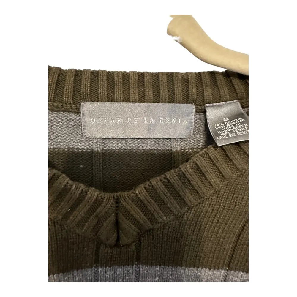 Oscar De La Renta Green and Grey Striped Knit Sweater Size Small - Image 2