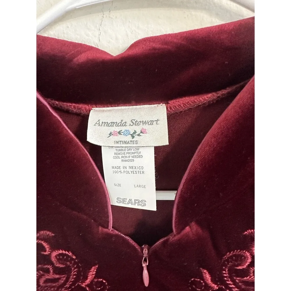 Vintage Amanda Stewart Velour Robe Womens Size Large Embroidered Floral Velvet Red - Image 5