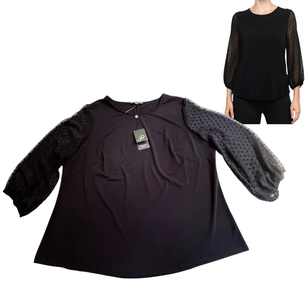 NEW Adrianna Papell BLACK BLOUSE Lace 3/4 Sleeves Women's 1X Stretch Top Shirt - Image 2