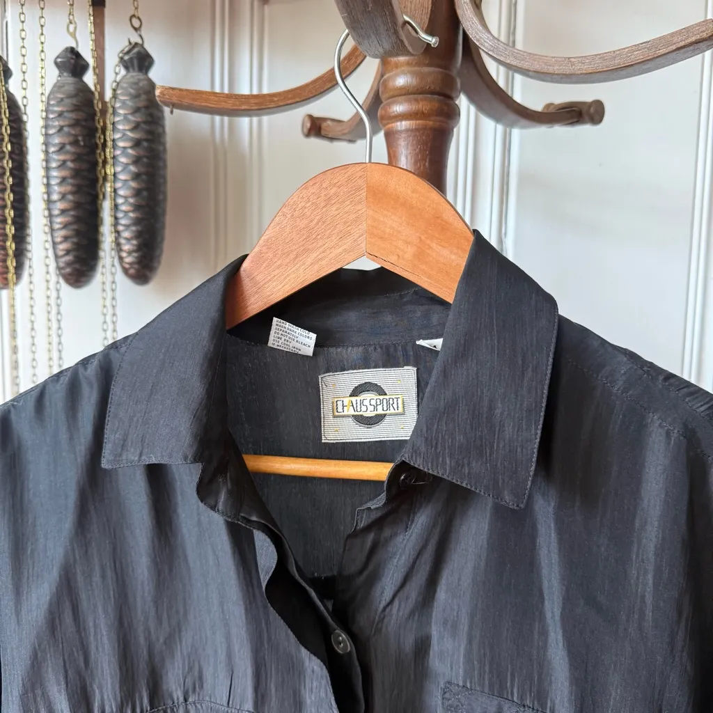 Vintage Black Silk Button Down Shirt Size M - Image 3