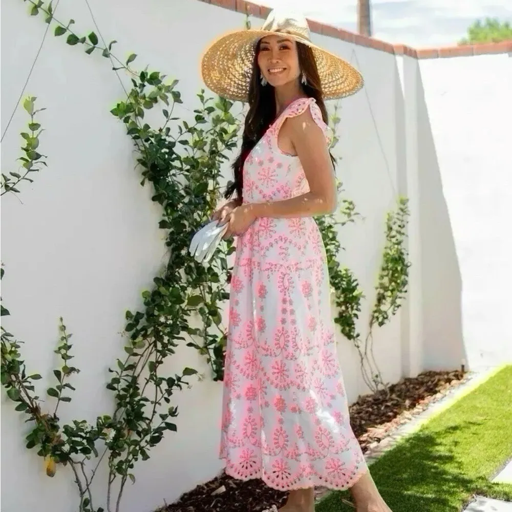 NEW Lilly Pulitzer Lillyanne Midi Dress Karmic Coral Neon Cotton Eyelet Size 00 - Image 3