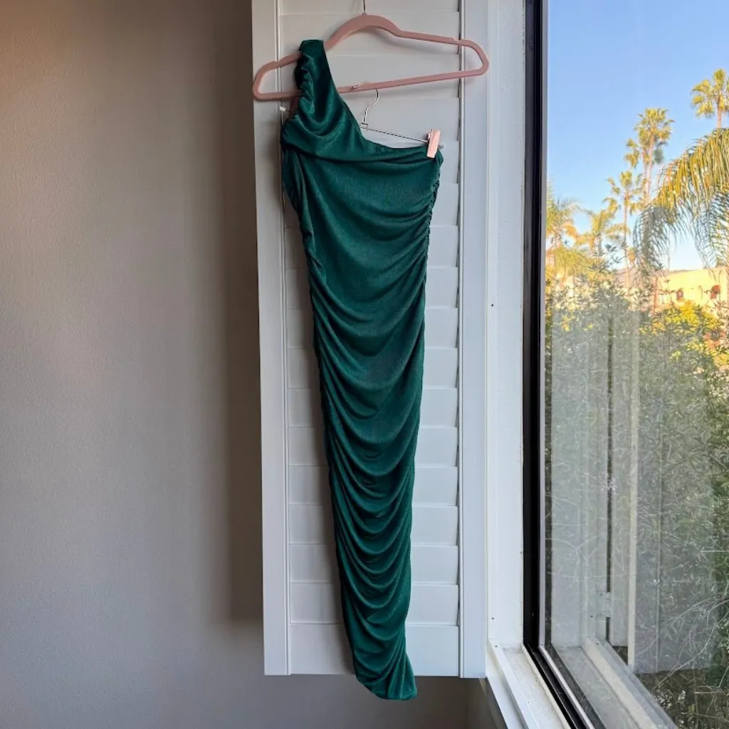 Endless Blu One Shoulder Asymmetrical Ruched Midi Dress in Blue Green size M Size M - Image 3
