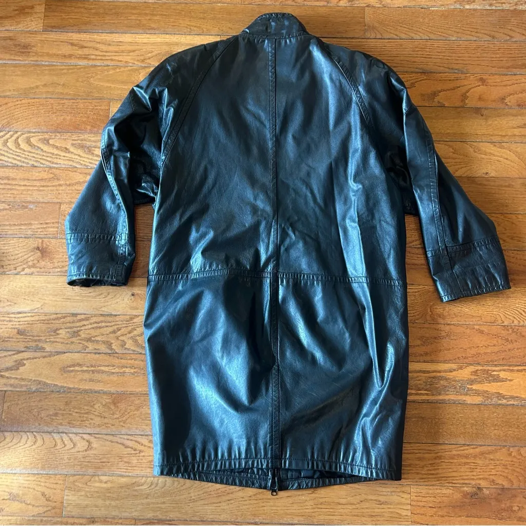 90s Morgan Taylor Leather Jacket Oversized Long Winter Coat Vintage Black Large - Image 2