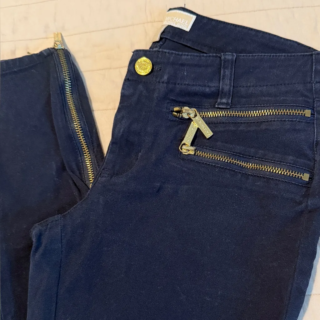 Dark Blue Skinny Pants with Gold Zippers - Image 6