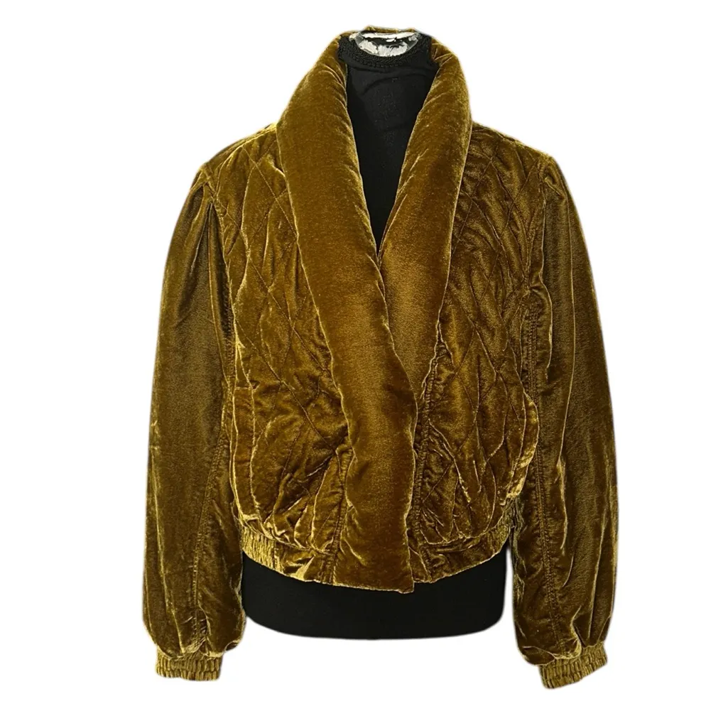 Free People Velvet Quilted  Topaz Gold Bomber Oversized Jacket(Size XS) - Image 2
