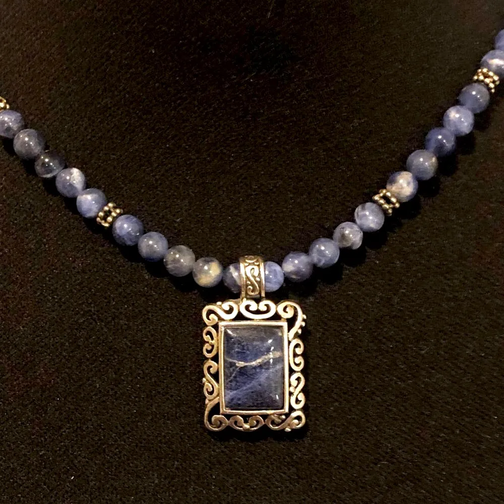 Sodalite Beaded Choker Necklace Lapis Lazuli Sterling Silver Pendant Extension Blue - Image 2
