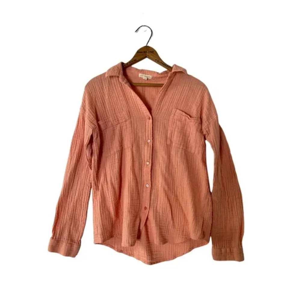 EILEEN FISHER  Casual Neutral Organic Cotton Peach Pink Gauze Button Up Shirt - Image 2