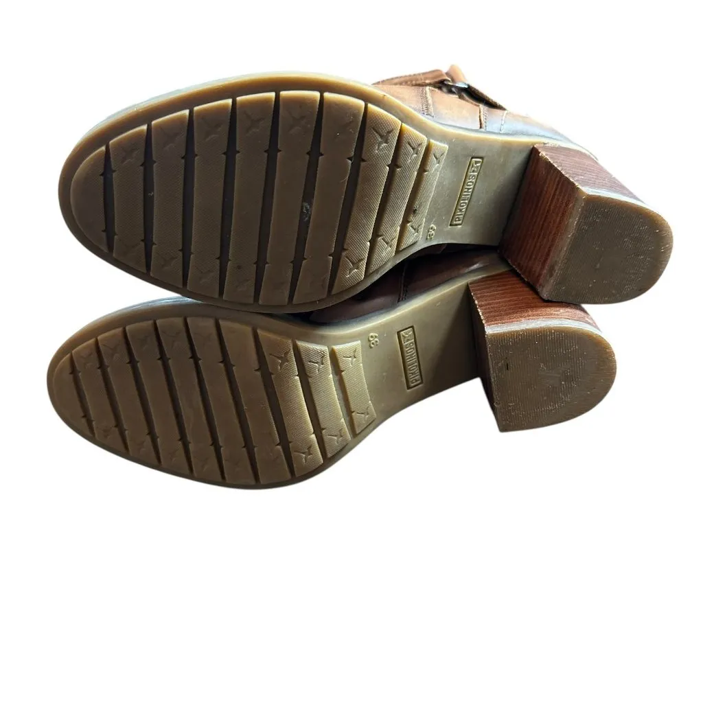 Pikolinos Leather Ankle Boots Cognac Brown Block Heel Zip Strap Detail Size 39 Tan - Image 10
