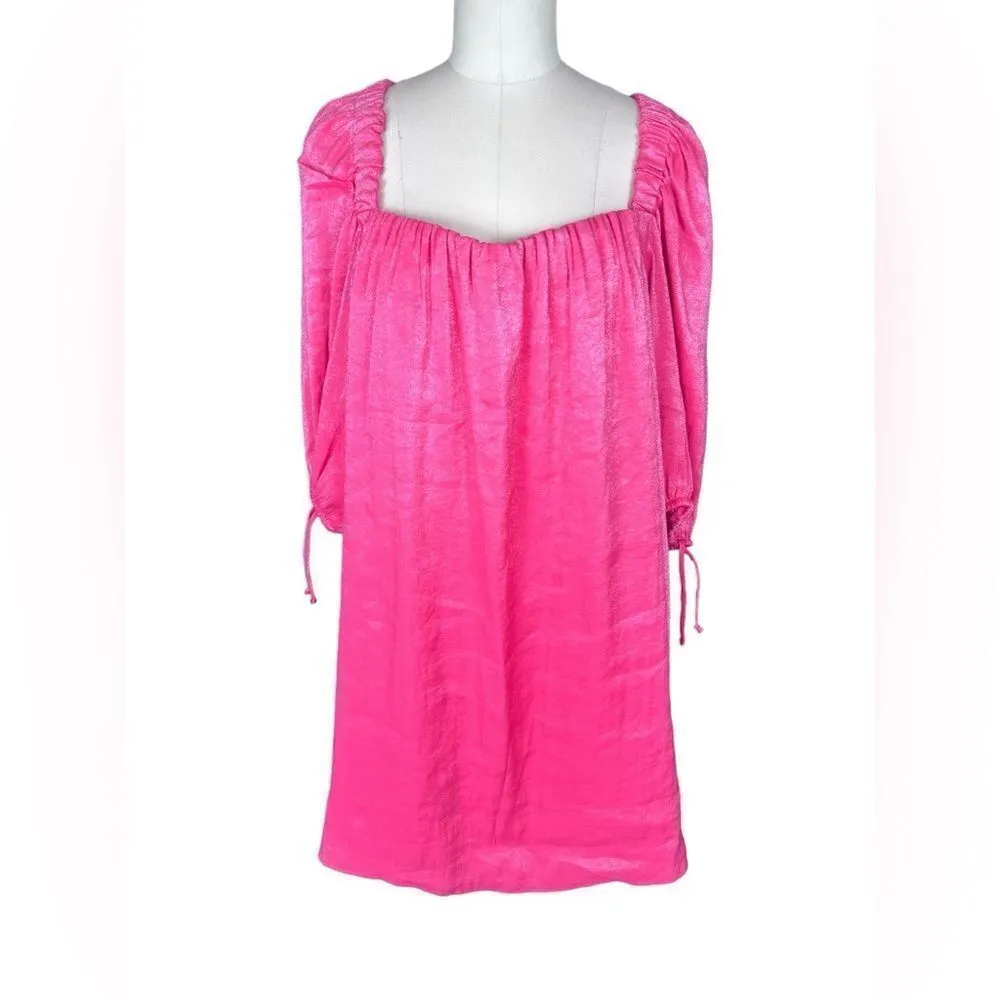 Free People Mara Shimmer Puff Sleeves Dress Hot‎ Pink - size small - Image 5