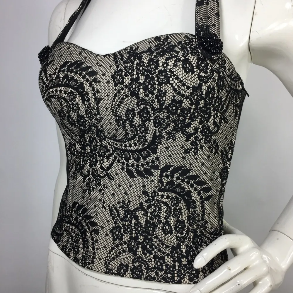 Bebe Lace Halter Bustier Top Embellished Buttons S - Image 10