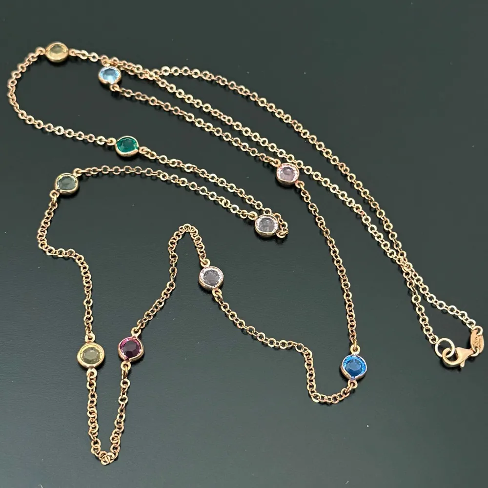 925 Italian Sterling Silver Rose Gold Multicolor Bezel CZ Station Necklace 8g. - Image 6