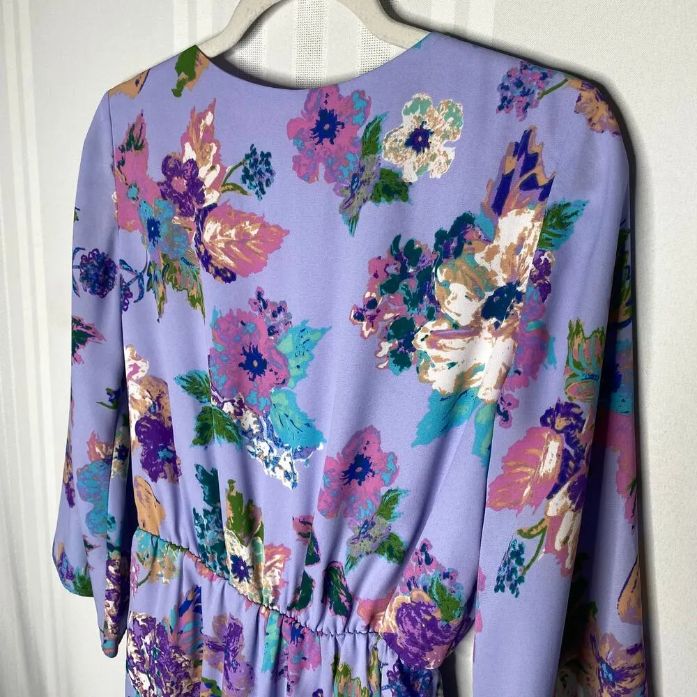 everly Floral Pleated 3/4 Sleeve V-Neck Ruffle Romper Medium Purple Lightweight - Image 12