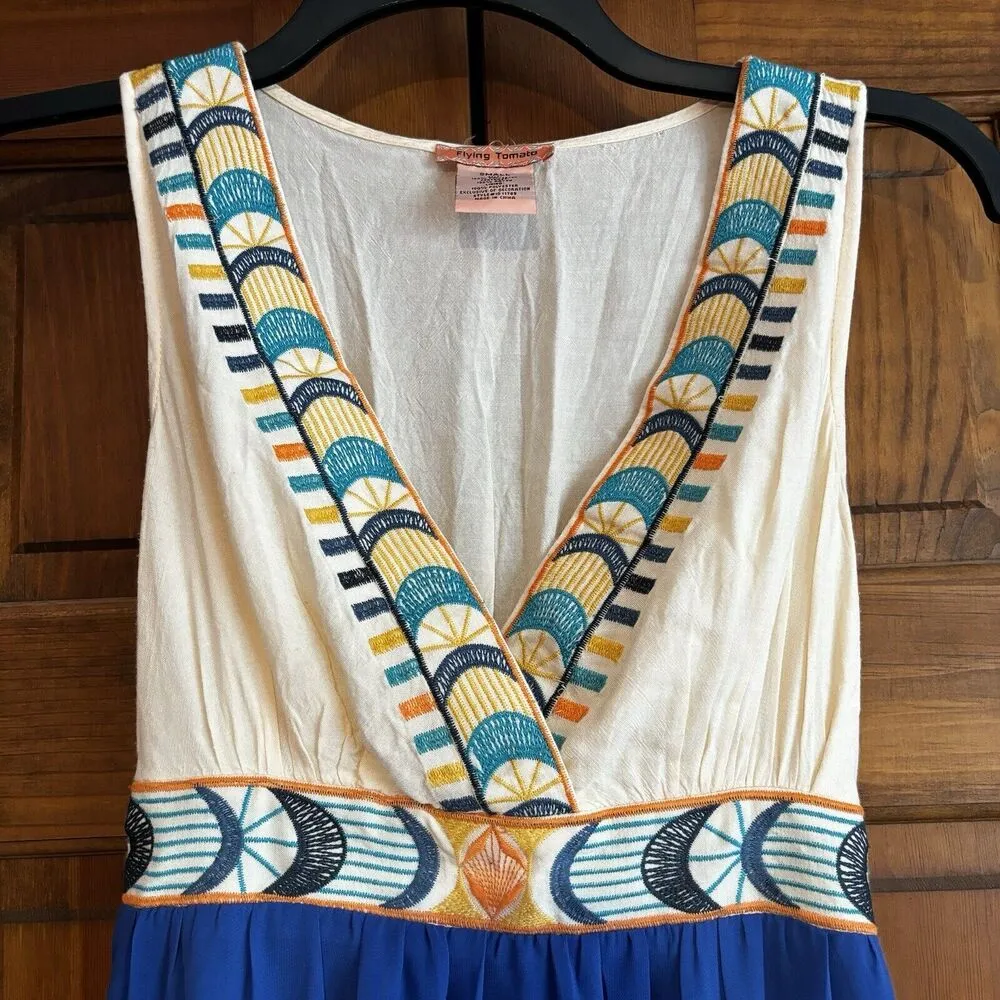 Flying Tomato Maxi Dress Women's Size Small Embroidered Blue Ivory Chiffon - Image 2