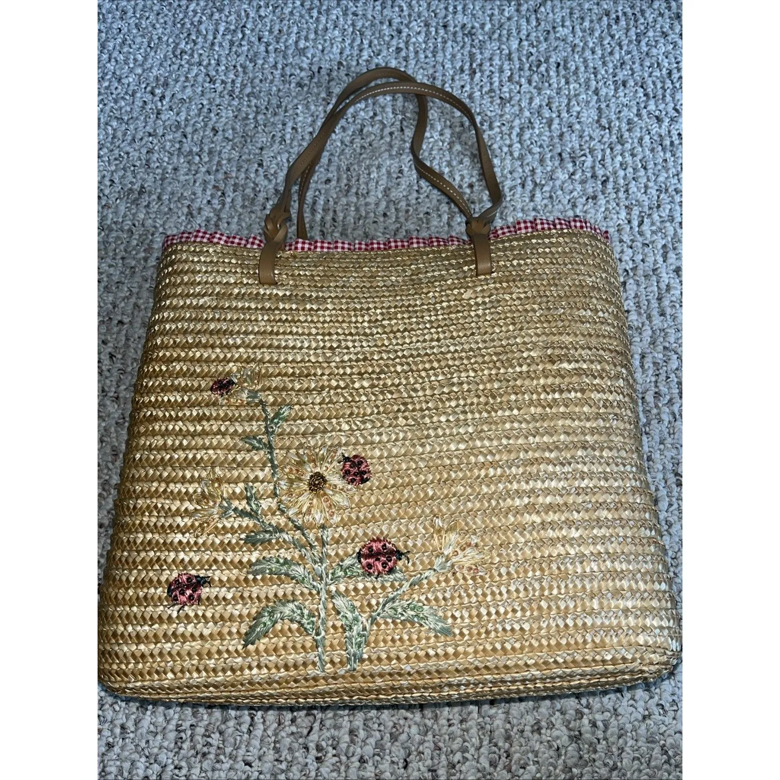 Cappelli Straworld Vintage Women’s Beachy Boho Tote Purse Ladybugs And Flowers - Image 9