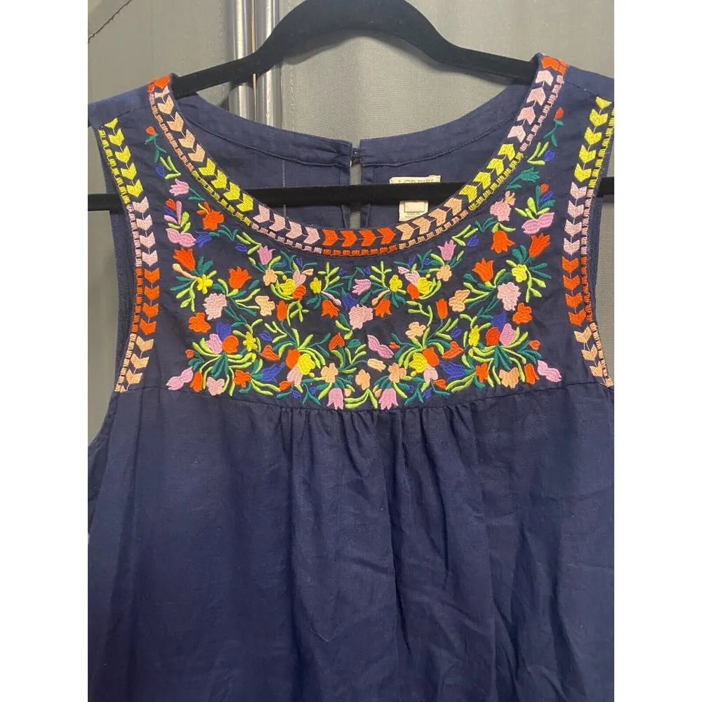 J. Crew Mini Dress Womens 14 Blue Embroidered Sleeveless Scoop Neck Pockets B76 - Image 2