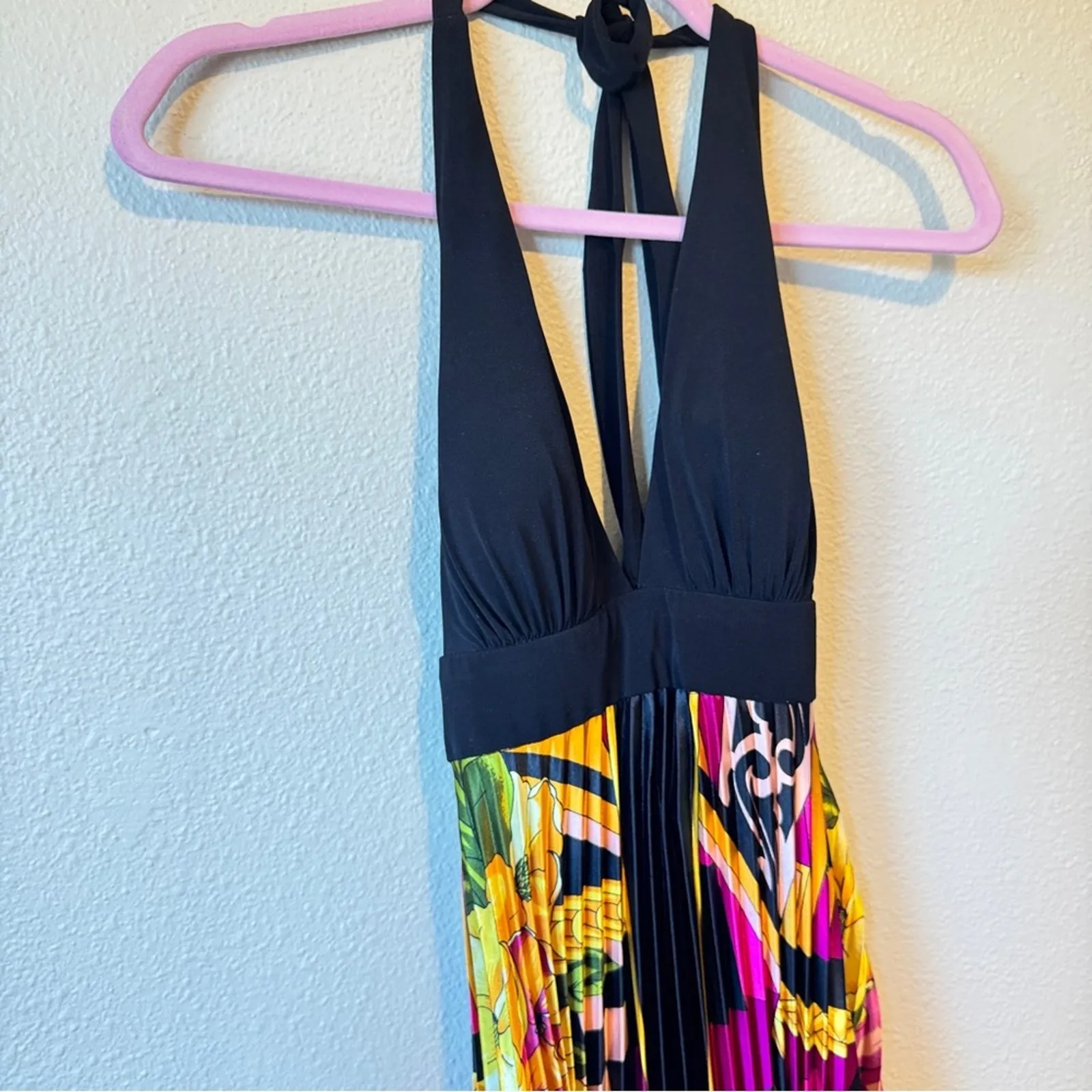 Cache Vintage Y2K Halter Maxi Dress Womens 2 Silk Pleated Mixed Print Rivera - Image 4