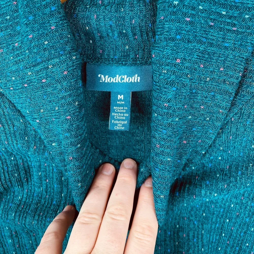 Modcloth Teal with Multicolor Knit Cropped Long Sleeve Turtle Neck Size Medium - Image 7