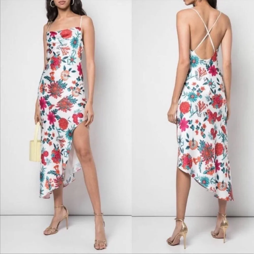 Haney Goldie Floral Bias Cut Silk Slip Dress Midi White Criss Cross Back sz 2 - Image 2