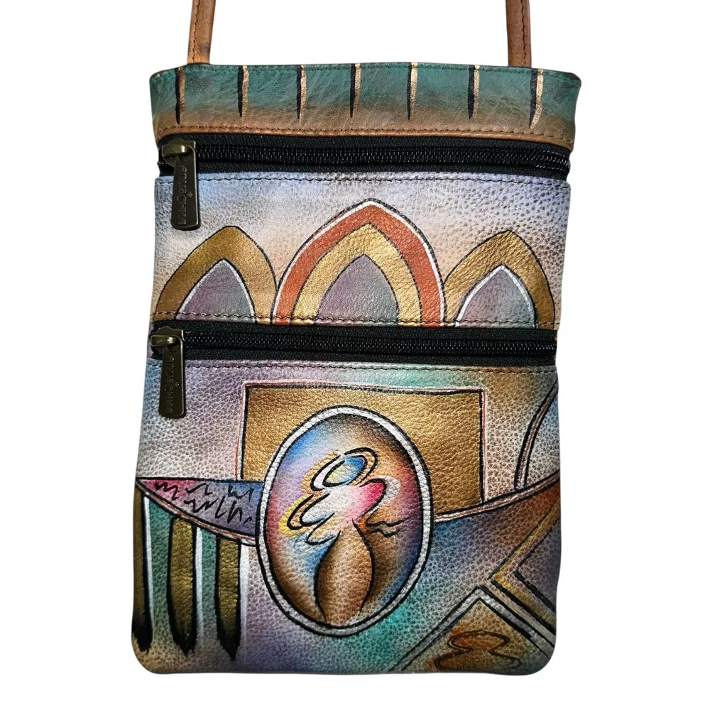 Anuschka Hand-Painted Leather Crossbody Bag | Abstract Multicolor Art Mini Purse - Image 2