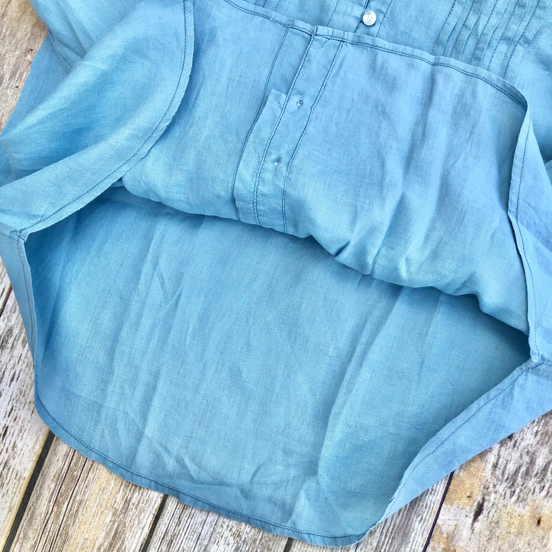 Linen Button Down Shirt Blue breezy mornings Blouse medium - Image 8