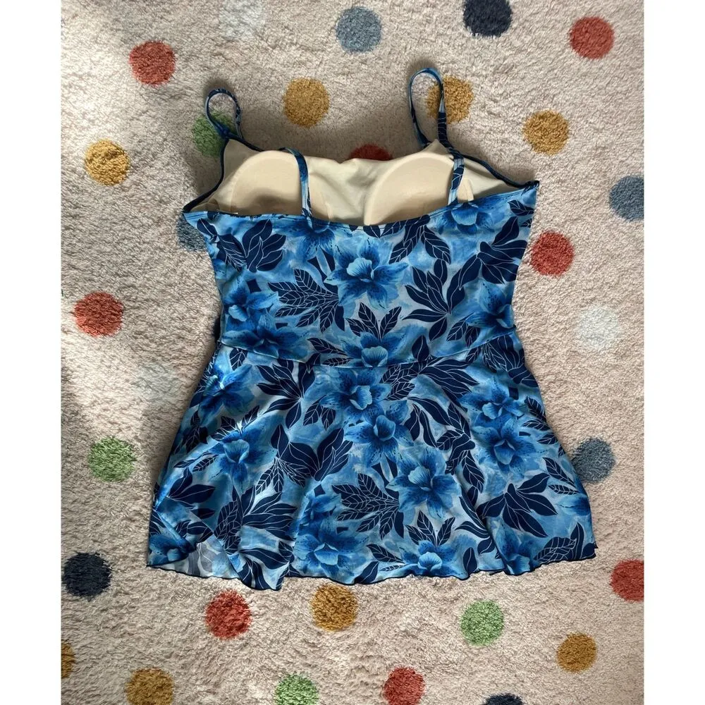 VTG Beach Cabana Slit Swim Dress One Piece Bathing Suit Floral Tropical Size 1X Blue - Image 2