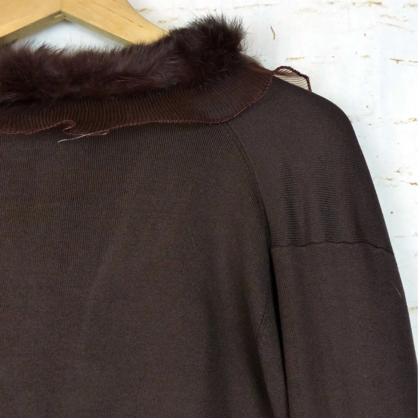 VTG Joseph A. Cardigan Women XL Brown Silk Blend Faux Fur Trim Crop Sweater Y2K - Image 9