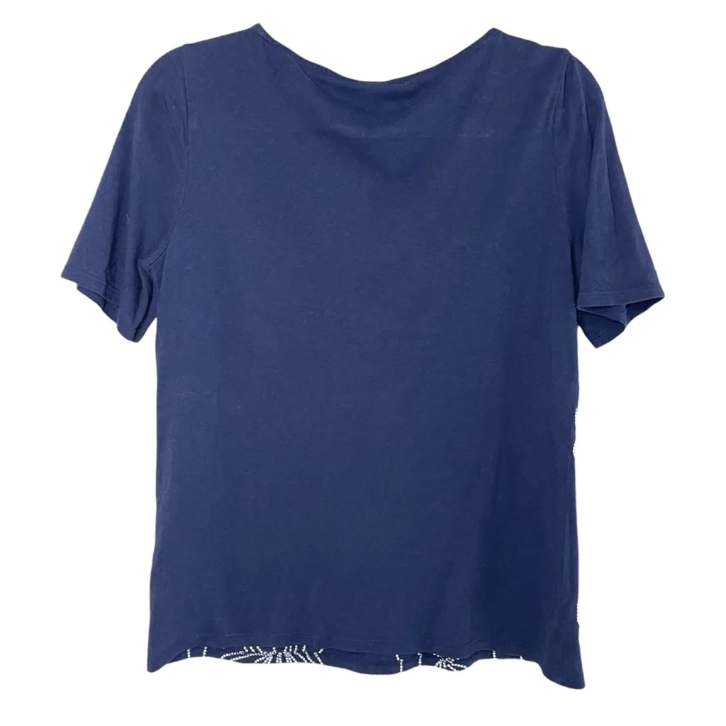 CHICO’S Navy Blue Short-Sleeve Top White Floral Pointillist Embroidery, Small - Image 5