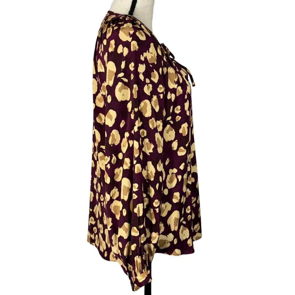 Nine West Medium Top Leopard Print Tie Keyhole V-Neck Long Balloon Sleeve Plum - Image 4
