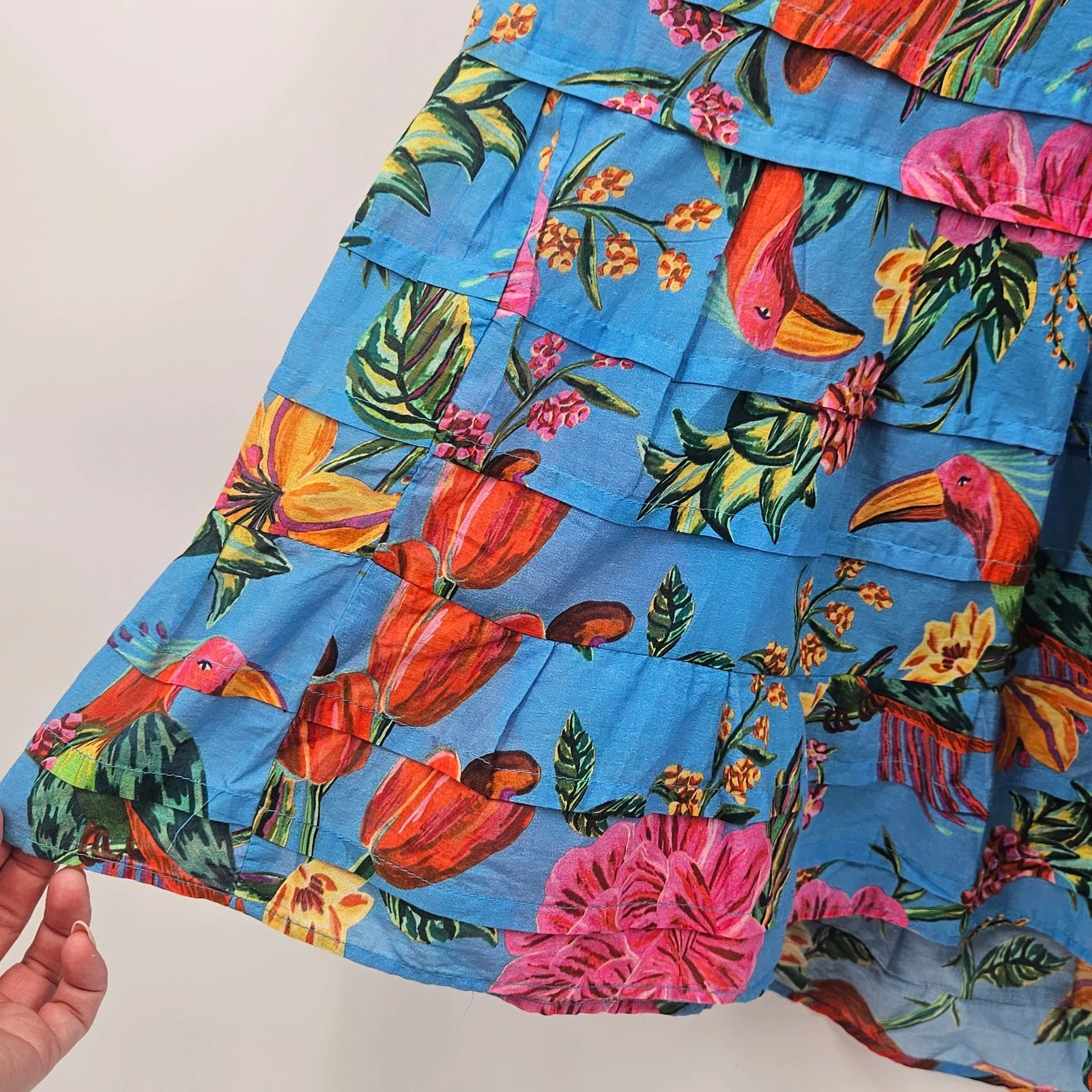 Farm Rio Toucans Garden Blue Floral Puff Sleeve Open Back Midi Dress XS‎ - Image 7