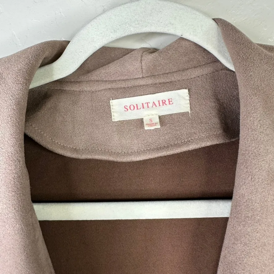 Solitaire Soft Taupe Faux Suede Shawl Waterfall Collar Duster Draped Fit Jacket - Image 3