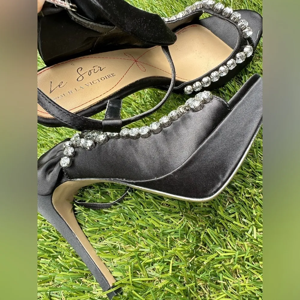 Pour La Victoire Black Satin Rhinestone Strappy Heels - Image 4